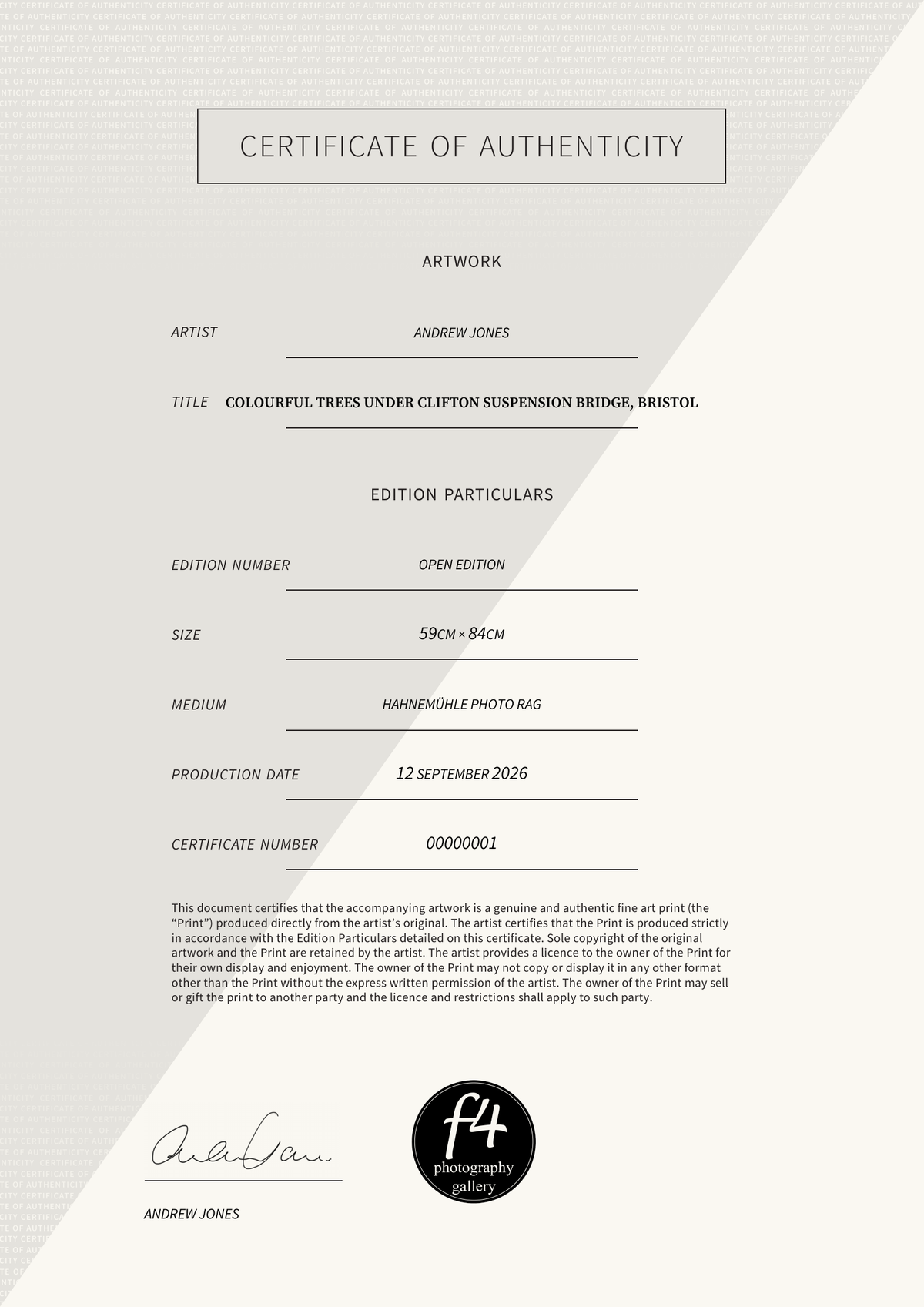 Colourful trees under Clifton Suspension Bridge, Bristol — Certificate of Authenticity