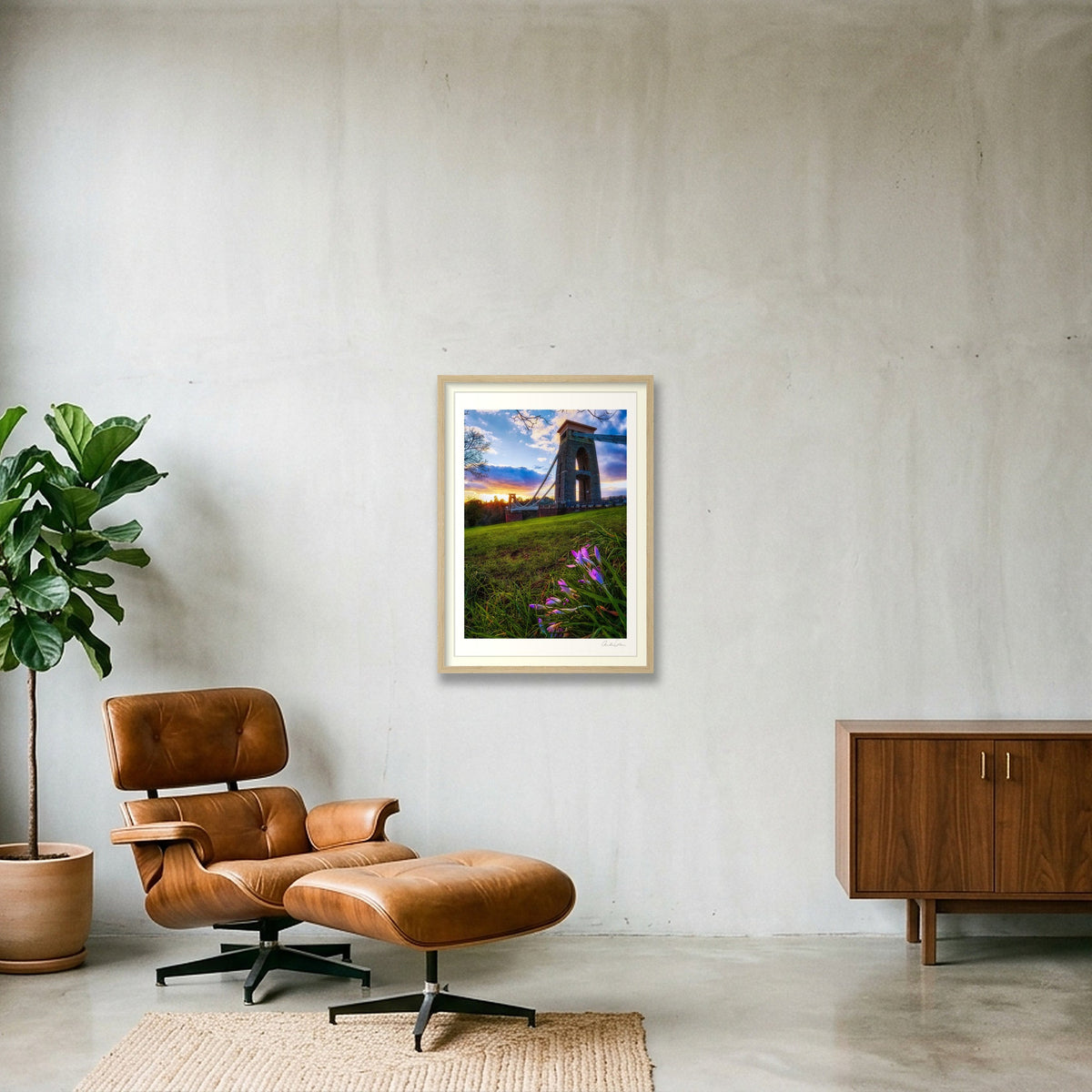 A lone crocus and the Clifton Bridge at sunset — 42×59cm Oak Frame