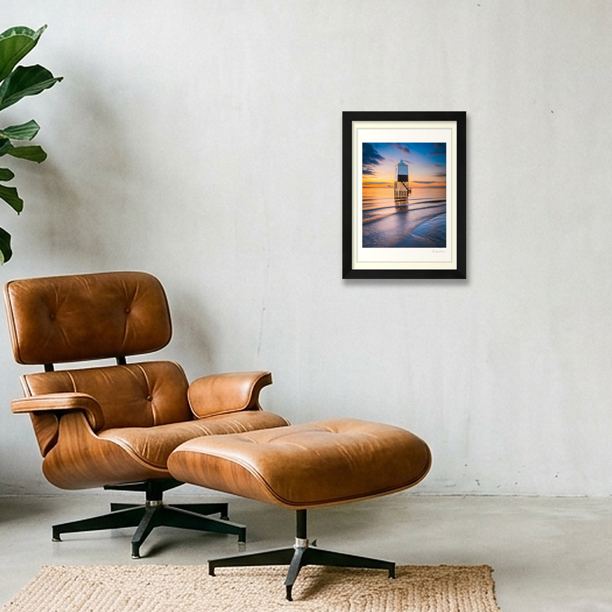 High Tide and sunset at Burnham Low Lighthouse — A4 (21×30cm) Black Frame