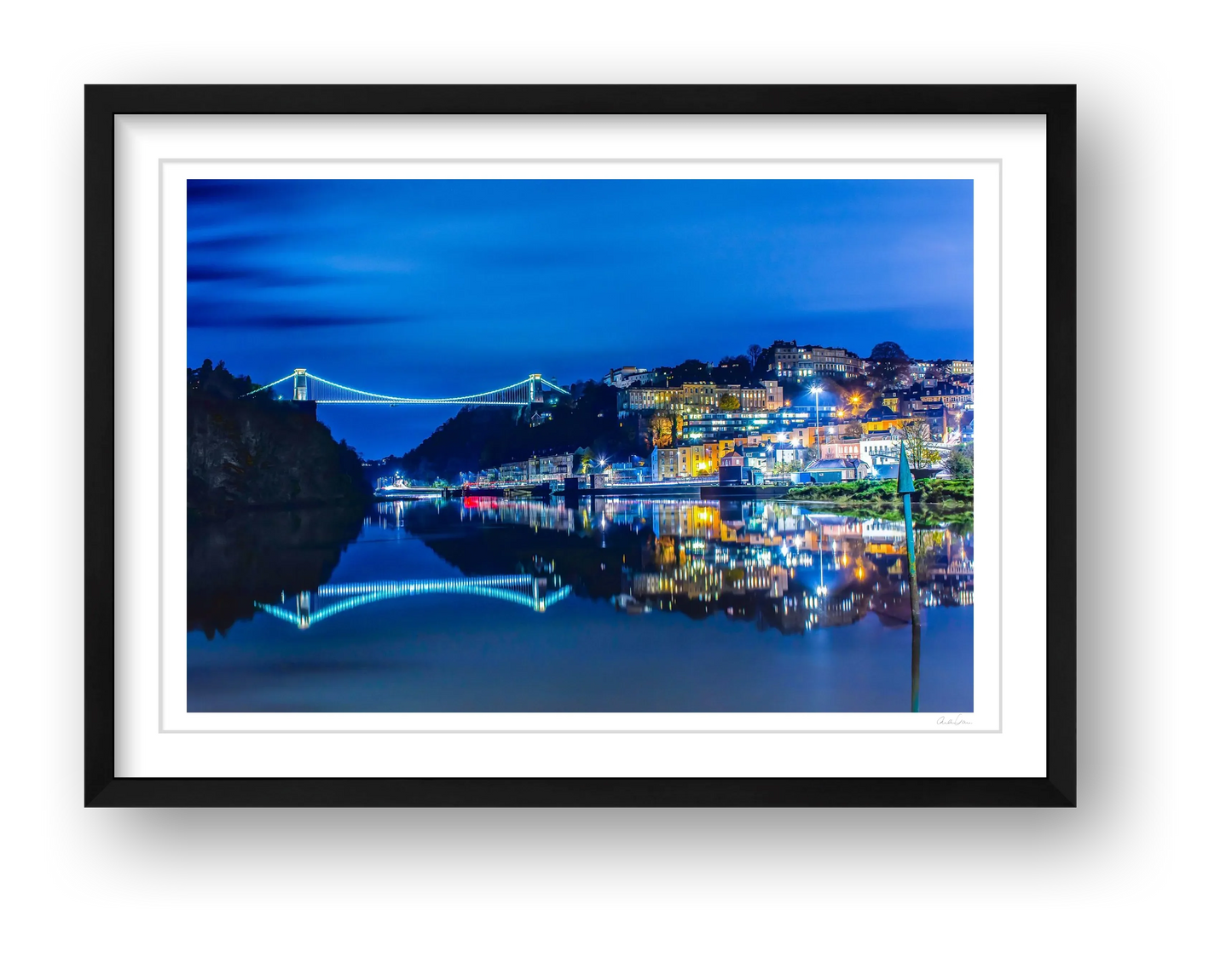 Bristol's Clifton Suspension Bridge and Clifton at night — framed