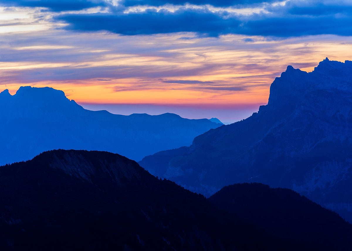 Sunset view over the mountains towards Geneva from Chamonix Mont Blanc