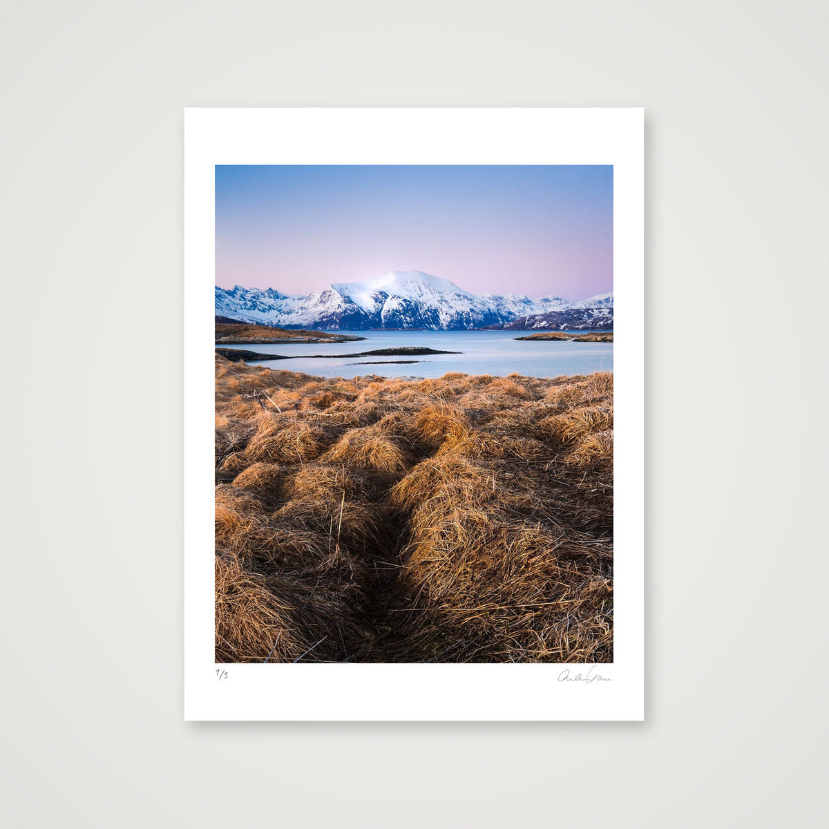 Snow Covers Mountains at Sunset, Norway — 60×80cm Print only