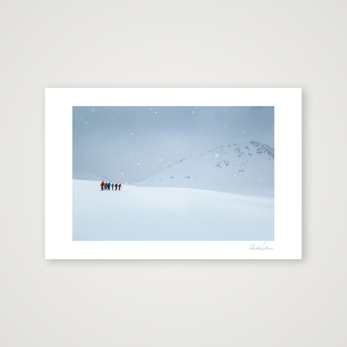 Ski Tourers battle the fall of winter: Snow Flurries on high — 45×30cm Print only